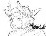  2022 anthro atomic_cat canid canine cross ear_piercing ear_ring eyebrows hair horn jewelry long_ears male mammal markings monochrome necklace piercing short_hair signature sketch solo thick_eyebrows 