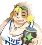  amidasuke anthro beverage_can blue_eyes blush canid canine canis clothing domestic_dog eyewear floppy_ears goggles hi_res hisaki_(live-a-hero) jewelry kemono lifewonders live-a-hero male mammal musclegut necklace one_eye_closed pecs shirt solo tank_top topwear video_games wink 