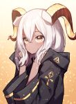  1girl absurdres arknights bangs beeswax_(arknights) beudelb black_jacket brown_background brown_eyes commentary_request dark-skinned_female dark_skin eyebrows_behind_hair hair_between_eyes highres hood hood_down hooded_jacket horns jacket solo upper_body white_hair 