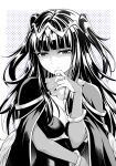  1girl bangs black_hair bracelet breasts bridal_gauntlets capelet cleavage fire_emblem fire_emblem_awakening greyscale hair_ornament jewelry long_hair looking_at_viewer monochrome simple_background solo ten_(tenchan_man) tharja_(fire_emblem) twintails upper_body 