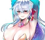  1girl armpits arms_up bangs blush breasts fate/grand_order fate_(series) hair_between_eyes hair_ribbon heavy_breathing highres kama_(fate) kurenaiz1 large_breasts long_hair looking_at_viewer parted_lips red_eyes ribbon seductive_smile silver_hair sketch smile solo upper_body 