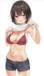  1girl :p absurdres bikini black_hair black_shorts breasts clothes_lift commentary_request highres large_breasts lifted_by_self looking_at_viewer masco navel original red_bikini shirt shirt_lift short_hair shorts simple_background solo standing stomach swimsuit thighs tongue tongue_out white_background white_shirt 