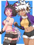  2girls @_@ ^^^ animal_ears ass back bangs bikini bikini_lift bikini_under_clothes black_footwear black_gloves black_hair black_legwear black_shorts blue_background blush bob_cut boots border breasts butt_crack clothes_lift commentary commission cougar_(cougar1404) cropped_jacket dark-skinned_female dark_skin ear_piercing elbow_gloves eyebrows_visible_through_hair fang fingerless_gloves frilled_armband fur-trimmed_shirt fur-trimmed_shorts fur_trim garter_straps gloves hairband halterneck horns jacket lifted_by_another long_sleeves looking_at_another looking_at_viewer looking_back medium_breasts micro_shorts midriff_peek mole mole_under_eye motion_lines multicolored_hair multiple_girls open_clothes open_jacket open_mouth orange_eyes orange_shirt original outside_border piercing pink_bikini pink_eyes pink_hair purple_jacket sheep_horns shirt short_hair shorts smile spiked_hair spiked_hairband spikes standing streaked_hair swimsuit tail thigh_boots thighhighs thong_bikini wedgie white_border white_hair wolf_ears wolf_tail 