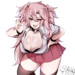  1girl :d black_legwear blush breasts choker cleavage dress_shirt gyaru hair_between_eyes hand_on_hip highres kurenaiz1 large_breasts leaning_forward long_hair looking_at_viewer original pink_hair red_eyes red_skirt shirt skirt sleeves_rolled_up smile solo thighhighs tongue tongue_out two_side_up very_long_hair wristband 