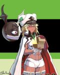  1girl 1other abs bandaged_arm bandages breasts chestnut_mouth clover crop_top dark-skinned_female dark_skin fingerless_gloves four-leaf_clover gloves guilty_gear guilty_gear_strive highres looking_down lucifero medium_breasts medium_hair navel opening platinum_blonde_hair poopman ramlethal_valentine short_shorts shorts single_fingerless_glove sleeveless solo_focus thigh_strap treasure_chest white_gloves white_shorts 