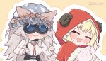  2girls :d =_= animal_ears blush_stickers chibi cloak commentary english_commentary hat highres hololive horns kukie-nyan little_red_riding_hood mob_cap multiple_girls night_vision_device red_cloak saliva sheep_horns shishiro_botan smile tsunomaki_watame twitter_username wolf_ears 