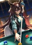 1girl absurdres animal_ears bangs black_jacket brown_hair choker cleavage_cutout clothing_cutout collared_shirt cue_stick grin hair_between_eyes highres horse_ears indoors jacket kansya leaning_forward long_hair long_sleeves multicolored_hair open_clothes open_jacket open_mouth pants pool_ball pool_table red_eyes red_shirt shirt sirius_symboli_(umamusume) sleeves_pushed_up smile solo two-tone_hair umamusume upper_body white_pants window 