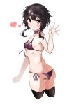  1girl absurdres alternate_costume bangs barcode bikini black_legwear blush brown_hair eyebrows_visible_through_hair highres kono_subarashii_sekai_ni_shukufuku_wo! looking_at_viewer megumin purple_bikini red_eyes short_hair short_hair_with_long_locks sidelocks solo swimsuit thighhighs wa_ki_ya_ku waving white_background 