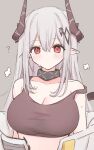  1girl ? arknights black_collar black_shirt blush breasts cleavage collar collarbone cropped_shirt demon_horns eyebrows_visible_through_hair grey_background grey_hair hair_between_eyes hair_ornament highres horns infection_monitor_(arknights) jacket large_breasts long_hair looking_at_viewer mudrock_(arknights) open_clothes open_jacket oripathy_lesion_(arknights) pointy_ears red_eyes risshu shirt simple_background solo sweat upper_body very_long_hair white_jacket 