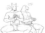  abs alcohol anthro beer beverage biceps bulge bull_terrier butt canid canine canis clothing dialogue domestic_dog duo feral humanoid hunting_dog julius_(tush) legwear lifeguard_(tush) male mammal marine muscular muscular_male nipples obliques pecs pinniped ribs seal terrier thigh_highs triceps tush video_games 