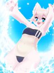  4_fingers absurd_res anthro beach blue_eyes canid canine clothing female fennec fingers fox gris_swimsuit happy hi_res kemono mammal meme meme_clothing one-piece_swimsuit pyua_(sukendo) raised_arms seaside smile solo sukendo swimwear translucent translucent_clothing translucent_swimwear water 