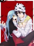  1boy 1other \||/ absurdres androgynous bandages bangs bat black_cloak black_hair black_nails black_pants black_sclera blue_hair blue_nails cloak colored_sclera commentary_request diablo_(tensei_shitara_slime_datta_ken) fangs grin halloween halloween_costume hand_in_another&#039;s_hair hand_on_another&#039;s_face highres looking_at_viewer multicolored_hair mummy_costume open_mouth outside_border pants red_background red_hair red_vest rimuru_tempest shirt simple_background smile ss023xx streaked_hair tensei_shitara_slime_datta_ken tongue twitter_username vampire_costume vest white_shirt yellow_eyes 