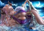  1girl alternate_costume bangs breasts commission crescent_moon demon_horns draph earrings feather_boa granblue_fantasy halter_top halterneck horns huge_breasts jewelry kaopon looking_at_viewer moon narmaya_(granblue_fantasy) night ocean parted_lips partially_submerged pink_eyes pink_hair pointy_ears ponytail sarong skeb_commission solo sparkle thighs wet 