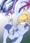  1girl armor bangs berusuke_(beru_no_su) blonde_hair blue_bodysuit blue_eyes bodysuit closed_mouth gun holding holding_gun holding_weapon long_hair looking_at_viewer metroid ponytail samus_aran solo weapon 