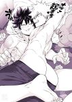  2boys absurdres ass bakugou_katsuki bangs bara barefoot blush boku_no_hero_academia closed_eyes clothes_pull freckles greyscale highres large_pectorals looking_at_another lying male_focus midoriya_izuku monochrome multiple_boys muscular muscular_male nipples on_back on_bed on_person open_mouth paper_balloon pectorals scar scar_on_arm short_hair shorts shorts_pull spiked_hair topless_male translation_request twitter_username yaoi yazakc 