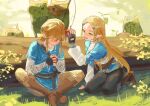  1boy 1girl apple arm_support black_gloves blonde_hair blue_tunic brown_footwear earrings fingerless_gloves food fruit gloves grass green_eyes hair_ornament hairclip jewelry link long_hair looking_down pointy_ears princess_zelda short_hair sidelocks sitting the_legend_of_zelda the_legend_of_zelda:_breath_of_the_wild werlosk 