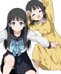  2girls age_difference akebi-chan_no_serafuku akebi_kao akebi_komichi arm_up black_hair black_sailor_collar black_skirt blue_eyes blue_neckerchief blush_stickers child clenched_hand closed_eyes commentary_request dress hand_up height_difference highres index_finger_raised long_hair long_sleeves looking_at_viewer multiple_girls neckerchief one_knee open_mouth pleated_skirt rauto sailor_collar school_uniform serafuku shirt short_hair siblings sisters skirt smile v-shaped_eyebrows white_background white_shirt wing_collar yellow_dress 