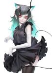  1girl alternate_costume animal_ear_fluff animal_ears bangs black_dress black_hair black_legwear blue_hair breasts cat_ears cowboy_shot demon_girl demon_horns demon_tail doryudory dress elbow_gloves expressionless eyebrows_visible_through_hair fang frilled_dress frills gloves highres horns kemonomimi_mode long_hair looking_at_viewer multicolored_hair parted_lips paw_pose pointy_ears red_eyes shishio_chris simple_background sleeveless sleeveless_dress small_breasts solo sugar_lyric tail thighhighs two-tone_hair virtual_youtuber white_background white_gloves 