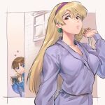  1boy 1girl blonde_hair blue_eyes blue_jacket breasts brown_eyes brown_hair camera chanmura collarbone earrings eyebrows_visible_through_hair grey_shirt gundam hair_behind_ear hairband hiding holding holding_camera jacket jewelry katejina_loos looking_back medium_breasts parted_lips purple_hairband purple_jacket shirt uso_ewin v-shaped_eyebrows victory_gundam 