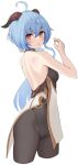  1girl absurdres ahoge bangs bare_shoulders blue_hair blush bodystocking breasts brown_legwear dress ganyu_(genshin_impact) genshin_impact highres horns kopaka_(karda_nui) long_hair looking_at_viewer medium_breasts open_mouth orange_eyes pantyhose solo thighs white_dress 