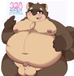  2022 anthro balls belly big_belly blush brown_body canid canine erection genitals hi_res humanoid_genitalia humanoid_hands humanoid_penis japanese_text kemono kusosensei male mammal minichin_chubby_day obese obese_male overweight overweight_male penis raccoon_dog shoutaro simple_background small_penis solo tanuki text 