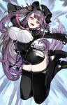  1girl azur_lane bangs black_footwear black_headwear black_shorts boots breasts commission eyebrows_visible_through_hair fang floating_hair high-waist_shorts highres houden_eizou large_breasts long_hair open_mouth pamiat_merkuria_(azur_lane) purple_eyes shorts shrug_(clothing) side_ponytail skeb_commission skin_fang smile solo thigh_boots thighhighs very_long_hair 