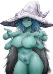  1girl blue_eyes blue_hair blue_skin breast_grab breast_hold breasts cape colored_skin elden_ring from_software grabbing hat highres jiuukek large_breasts looking_at_viewer naked_cape nipples nude one_eye_closed purple_hair pussy ranni_the_witch simple_background smug solo solo_focus thighhighs white_background white_headwear witch witch_hat 