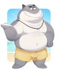  2022 anthro beach belly big_belly bottomwear clothing dreamworks fish grey_body hi_res male marine mr._shark_(the_bad_guys) o-ro overweight overweight_male seaside shark shorts solo the_bad_guys water 