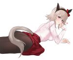  1girl animal_ears ass bangs breasts brown_legwear closed_mouth corrugatedrush curren_chan_(umamusume) ear_bow grey_hair hairband heart horse_ears horse_girl horse_tail looking_at_viewer lying medium_breasts medium_hair on_stomach pantyhose pink_sweater purple_eyes red_skirt simple_background skirt sleeves_past_wrists smile solo sweater tail turtleneck turtleneck_sweater umamusume white_background 