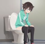  1boy ass brown_hair character_request clothes clothes_pull copyright_request green_eyes highres hood hoodie non-web_source pants pants_pull toilet 