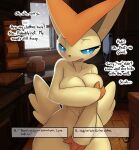  anthro apron better_version_at_source big_breasts blush breasts cabin clothing covering covering_breasts covering_crotch covering_self cutting_board dialogue_box dialogue_choice female holding_breast kitchen legendary_pok&eacute;mon nintendo nude ozoneserpent pok&eacute;mon pok&eacute;mon_(species) snow solo text victini video_games window wood_floor 