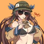  1girl absurdres artist_name aviator_sunglasses bikini black_bikini blue_bow bow brown_hair bullet commentary drinking_straw english_commentary girls&#039;_frontline green_headwear helmet highres m14_(girls&#039;_frontline) mre navel off_shoulder simple_background snafu sunglasses swimsuit twintails uniform upper_body 