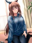  1girl admire_vega_(umamusume) blue_sweater breasts brown_hair casual cellphone horse_girl jewelry large_breasts long_hair low_ponytail necklace pearl_necklace phone purple_eyes red_hayao sitting smartphone smile sweater umamusume wariza 