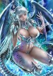 1girl armor bangs bikini_armor breasts closed_mouth commission dragon_girl dragon_tail dragon_wings fingernails grey_eyes kaopon kisara_(yu-gi-oh!) large_breasts long_hair looking_at_viewer navel personification scales sharp_fingernails shoulder_pads silver_hair skeb_commission smile solo tail very_long_hair wings yu-gi-oh! 