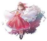  1girl armpits ascot bow brown_eyes brown_footwear brown_hair collar detached_sleeves frilled_bow frilled_hair_tubes frills gohei hair_bow hair_tubes hakurei_reimu japanese_clothes kinosaki looking_at_viewer mary_janes miko nontraditional_miko red_bow red_shirt red_skirt ribbon-trimmed_sleeves ribbon_trim shirt shoes short_hair sidelocks skirt skirt_set sleeveless socks solo touhou white_background white_collar white_legwear wide_sleeves yellow_ascot 