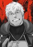  1boy artist_name bara bare_pectorals close-up creed_(gyee) crop_top ear_piercing facial_hair greyscale gyee highres hood hoodie jacket jewelry looking_at_viewer male_focus monochrome muscular muscular_male necklace open_clothes open_jacket pectorals piercing red_background signature smile solo stubble yellow_eyes zifu 