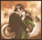  absurd_res anthro bow_(stringed_instrument) canid canine canis clothing duo eyewear female glasses hair hi_res kissing male male/female mammal tatujapa wolf 