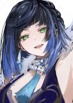  1girl armpits bangs black_hair blue_hair blunt_bangs braid cape diagonal_bangs earrings fur-trimmed_cape fur_trim genshin_impact gradient_hair green_eyes highres jewelry looking_at_viewer mole multicolored_hair nanaponi necklace open_mouth side_braid simple_background smile solo tassel white_background yelan_(genshin_impact) 