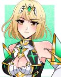  1girl asukaaasuu bare_shoulders blonde_hair breasts chest_jewel cleavage closed_mouth earrings eyebrows_visible_through_hair gem headpiece highres jewelry large_breasts looking_at_viewer mythra_(xenoblade) short_hair solo tiara tsundere xenoblade_chronicles_(series) xenoblade_chronicles_2 yellow_eyes 