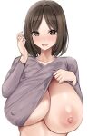  1girl :d absurdres areolae bangs blush breasts brown_eyes brown_hair clothes_lift collarbone commentary_request covered_nipples eyebrows_visible_through_hair grey_shirt highres hotate-chan huge_breasts long_sleeves looking_at_viewer medium_hair mole mole_under_mouth nipples one_breast_out open_mouth original parted_bangs shirt shirt_lift simple_background smile solo white_background 