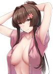  1girl absurdres areola_slip areolae blush breasts brown_eyes brown_hair buttons closed_mouth eyebrows_visible_through_hair flower hair_between_eyes hair_flower hair_ornament highres kantai_collection kiritto large_breasts long_hair looking_at_viewer open_clothes open_shirt pink_flower pink_shirt shirt short_sleeves simple_background solo upper_body very_long_hair white_background yamato_(kancolle) 