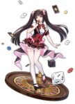  1girl artist_request black_footwear bow bowtie brown_hair card dice eyebrows_visible_through_hair game_cg highres hime_cut holding holding_card jabami_yumeko kakegurui looking_at_viewer mahjong mahjong_soul mahjong_tile official_art open_mouth playing_card poker_chip red_bow red_eyes red_nails roulette shirt simple_background thighhighs third-party_source transparent_background twintails white_shirt yostar 