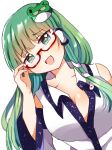  +_+ 1girl :d bare_shoulders breasts cleavage commentary_request frog_hair_ornament glasses green_hair hair_ornament highres holding holding_eyewear kochiya_sanae looking_at_viewer one_eye_closed shiny shiny_hair shiny_skin smile solo touhou zeroko-san_(nuclear_f) 
