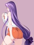  1girl 846-gou absurdres ass back bangs bare_shoulders breast_press breasts fate/stay_night fate_(series) glasses highres hooters large_breasts long_hair looking_at_viewer looking_back medusa_(fate) medusa_(rider)_(fate) orange_shorts parted_bangs parted_lips purple_eyes purple_hair short_shorts shorts sidelocks solo tank_top thighs tray very_long_hair white_tank_top 