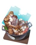 1boy abs animal_ears bara bathing body_fur brown_eyes brown_fur brown_hair colored_fur covering covering_crotch crossed_arms eyebrow_cut food furry furry_male highres large_pectorals looking_at_viewer male_focus multicolored_hair muscular muscular_male nantaimori navel nipples nude orange_fur orange_hair original own_hands_together partially_submerged pectorals pot scar scar_on_face selkiro simple_background sitting smile solo soup spread_legs stomach sukiyaki table tail thick_arms thick_eyebrows thick_thighs thighs tiger tiger_boy tiger_ears tiger_stripes tiger_tail white_fur 