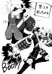  2boys absurdres bakugou_katsuki bodysuit boku_no_hero_academia boots carrying_over_shoulder explosion gloves green_eyes greyscale highres holding_person knee_pads mask midoriya_izuku monochrome multiple_boys open_mouth rapiko red_eyes shorts spiked_hair spot_color steam teeth younger 