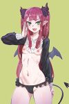  1girl ass_visible_through_thighs black_panties blush bow_(bhp) demon_horns demon_tail demon_wings fang frills green_eyes green_nails horns long_hair looking_at_viewer navel nipples panties pointy_ears purple_hair rizu-kyun simple_background solo sono_bisque_doll_wa_koi_wo_suru tail twintails underwear wings 