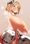  1girl alice_margatroid animal_print areolae arm_up armpit_hair blonde_hair blue_eyes blush breasts brown_background closed_mouth cow_print elbow_gloves eyebrows_visible_through_hair gloves hairband highres huge_breasts lactation lolita_hairband navel nipples nude pasties red_hairband short_hair simple_background solo squatting star_pasties thighhighs touhou tyamame589 