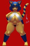  absurd_res animal_crossing ankha_(animal_crossing) anthro big_breasts bikini breast_squish breasts clothing domestic_cat felid feline felis female frown hand_on_hip hi_res huge_breasts lethargus looking_at_viewer mammal nintendo red_background short_stack simple_background sling_bikini solo squish swimwear video_games 