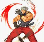  abs absurdres biceps facial_hair fighting_stance gloves glowing glowing_eye grey_hair highres large_pectorals male_focus mature_male muscular muscular_male mustache omega_rugal pants pectorals red_pants rugal_bernstein setsuna_kasugano skin_tight snk solo suspenders the_king_of_fighters the_king_of_fighters_xv 
